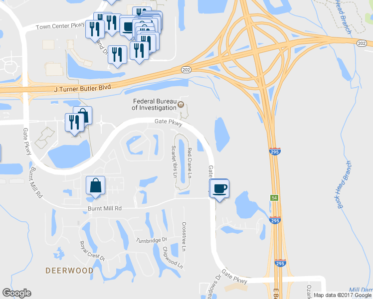 map of restaurants, bars, coffee shops, grocery stores, and more near 7482 Red Crane Lane in Jacksonville