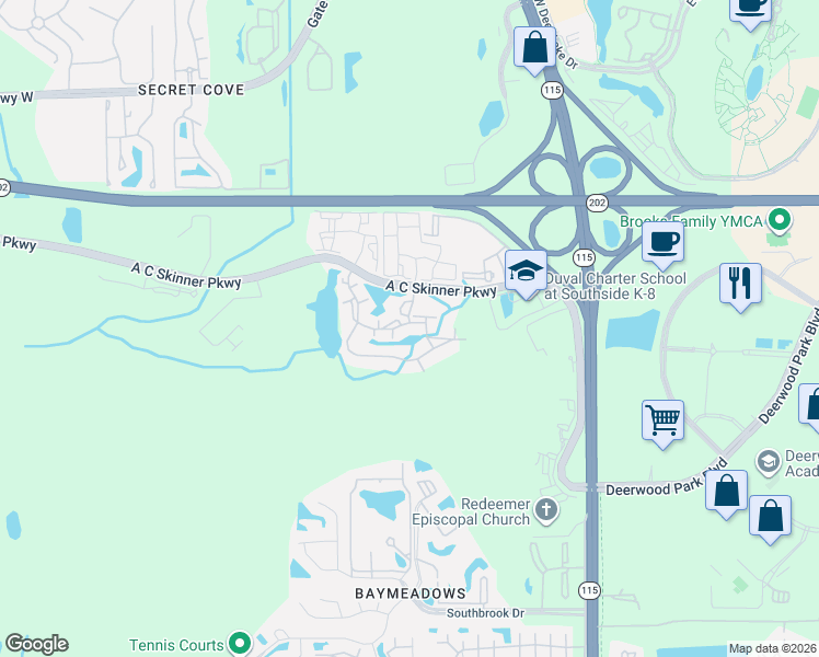 map of restaurants, bars, coffee shops, grocery stores, and more near 8235 A C Skinner Parkway in Jacksonville