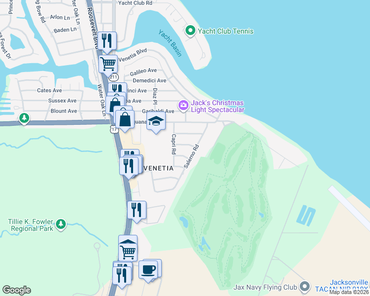 map of restaurants, bars, coffee shops, grocery stores, and more near 4126 Torino Place in Jacksonville