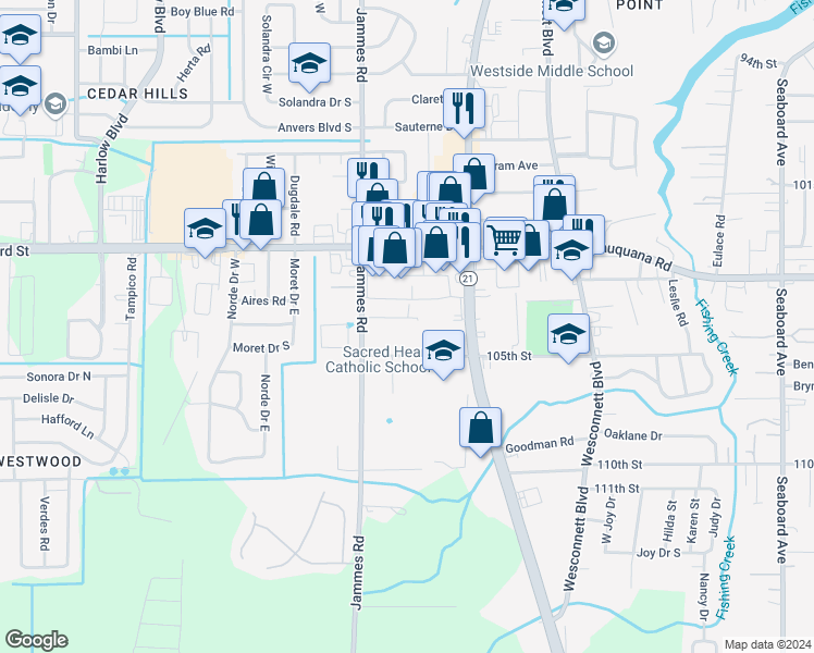map of restaurants, bars, coffee shops, grocery stores, and more near 6317 Delacy Road in Jacksonville