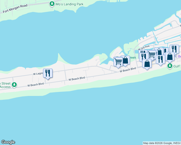 map of restaurants, bars, coffee shops, grocery stores, and more near 116 West 9th Street in Gulf Shores