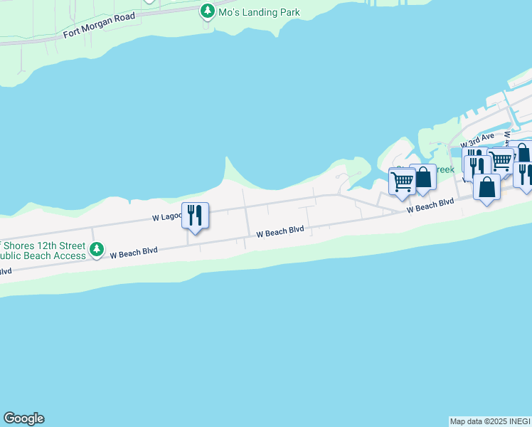map of restaurants, bars, coffee shops, grocery stores, and more near 1045 West Lagoon Avenue in Gulf Shores