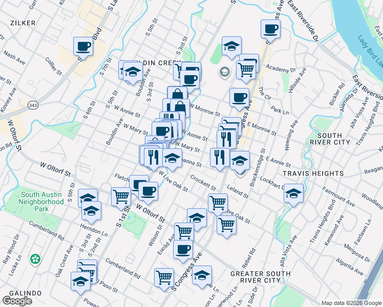 map of restaurants, bars, coffee shops, grocery stores, and more near 403 West Mary Street in Austin
