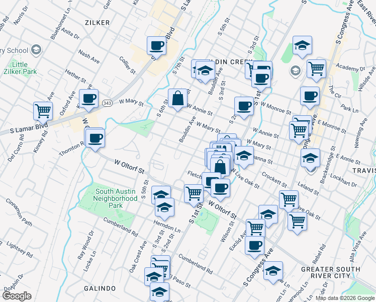 map of restaurants, bars, coffee shops, grocery stores, and more near 806 West Live Oak Street in Austin