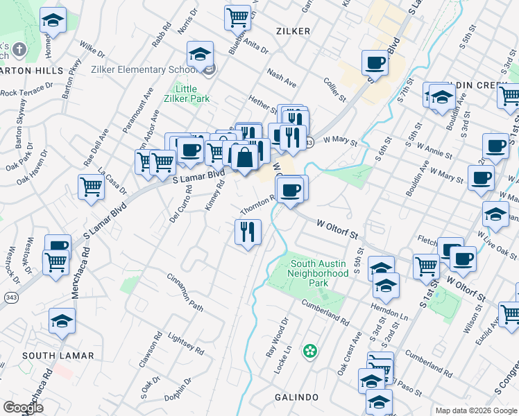 map of restaurants, bars, coffee shops, grocery stores, and more near 2210 Thornton Road in Austin