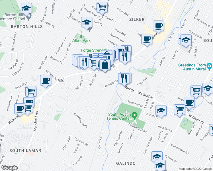 map of restaurants, bars, coffee shops, grocery stores, and more near 2210 Thornton Road in Austin
