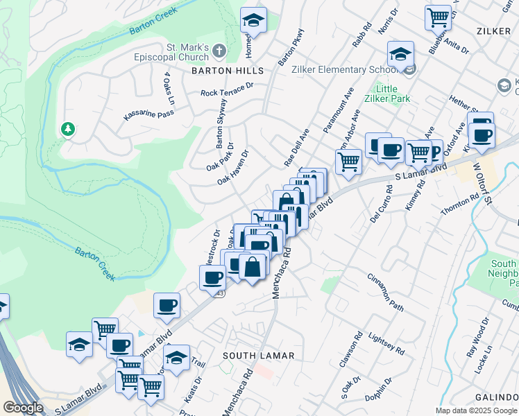 map of restaurants, bars, coffee shops, grocery stores, and more near 2307 Barton Village Circle in Austin