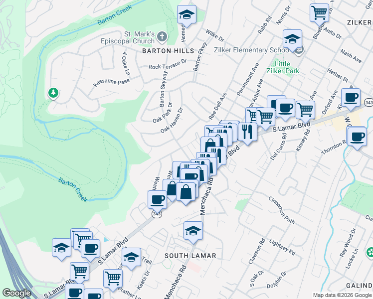 map of restaurants, bars, coffee shops, grocery stores, and more near 2307 Barton Village Circle in Austin