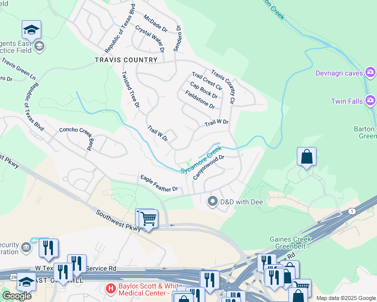 map of restaurants, bars, coffee shops, grocery stores, and more near 4621 Trail West Drive in Austin