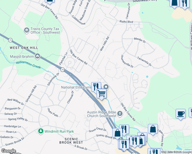 map of restaurants, bars, coffee shops, grocery stores, and more near 7809 Old Bee Caves Road in Austin