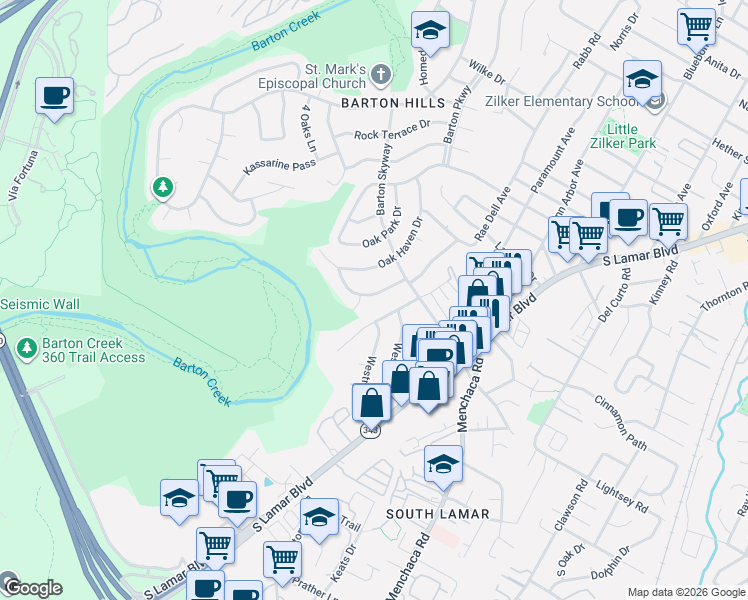 map of restaurants, bars, coffee shops, grocery stores, and more near 3005 Rae Dell Avenue in Austin