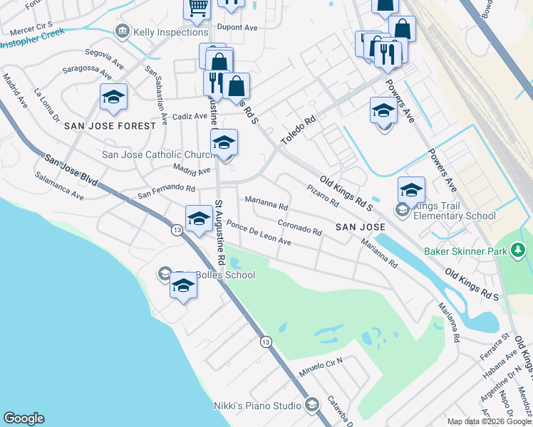 map of restaurants, bars, coffee shops, grocery stores, and more near 3660 Marianna Road in Jacksonville
