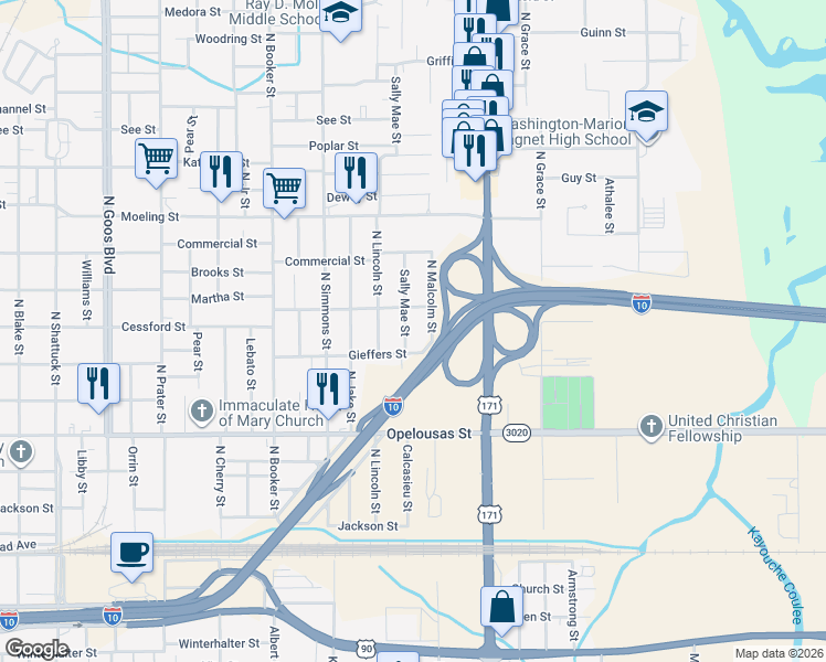 map of restaurants, bars, coffee shops, grocery stores, and more near 609 North Malcolm Street in Lake Charles