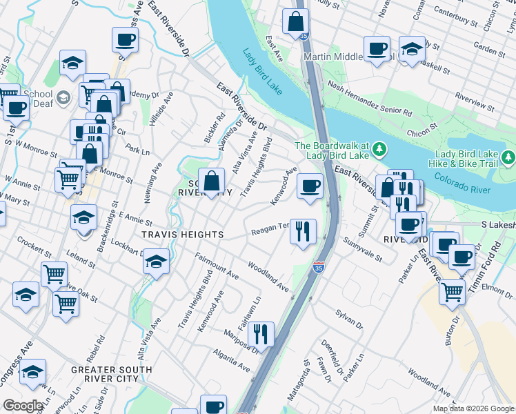 map of restaurants, bars, coffee shops, grocery stores, and more near 1014 Bonham Terrace in Austin
