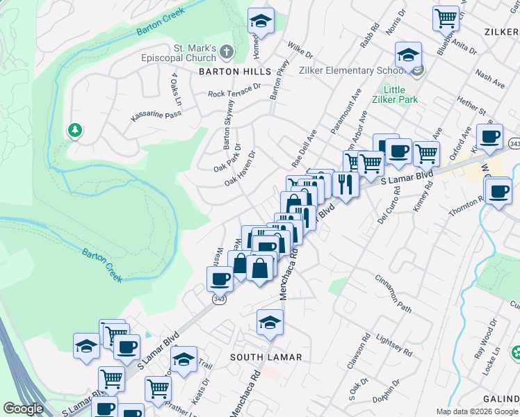 map of restaurants, bars, coffee shops, grocery stores, and more near 2307 Barton Village Circle in Austin