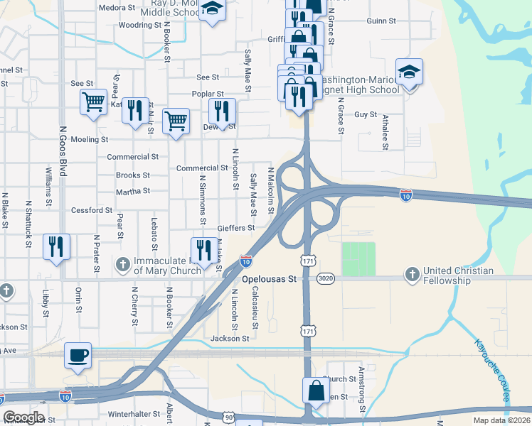 map of restaurants, bars, coffee shops, grocery stores, and more near 609 North Malcolm Street in Lake Charles