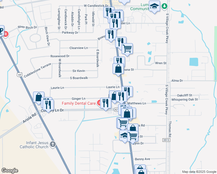 map of restaurants, bars, coffee shops, grocery stores, and more near 7744 Laurie Ln in Lumberton