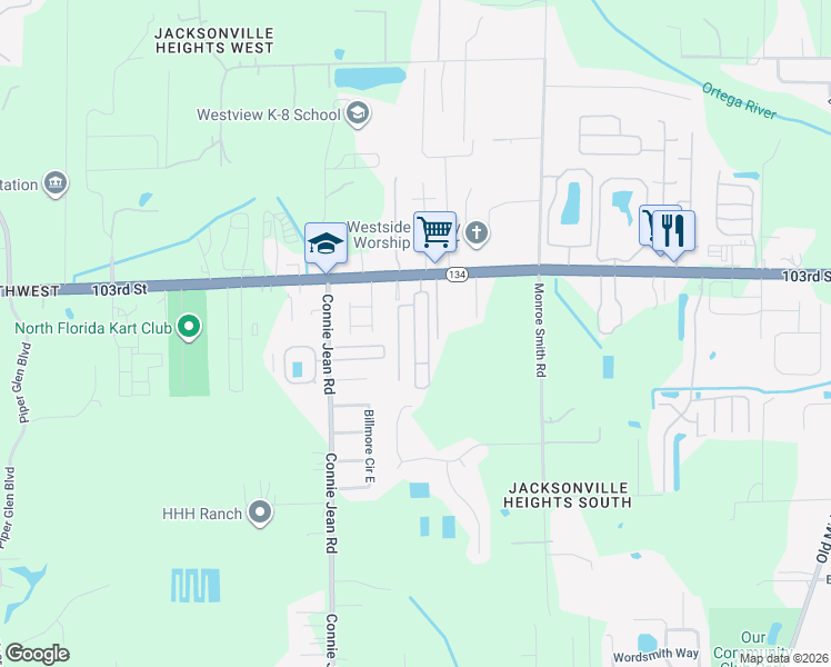 map of restaurants, bars, coffee shops, grocery stores, and more near 9842 103rd Street in Jacksonville