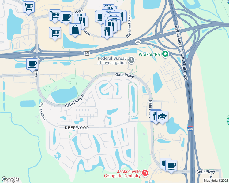map of restaurants, bars, coffee shops, grocery stores, and more near 7503 Devondale Way in Jacksonville
