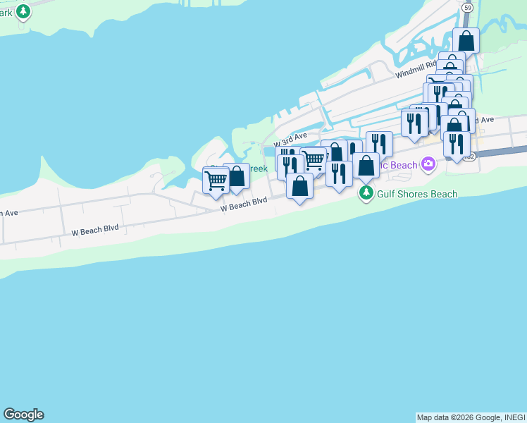 map of restaurants, bars, coffee shops, grocery stores, and more near in Gulf Shores