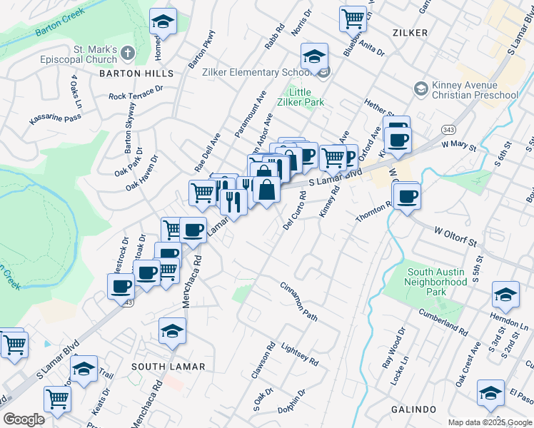 map of restaurants, bars, coffee shops, grocery stores, and more near 2525 South Lamar Boulevard in Austin