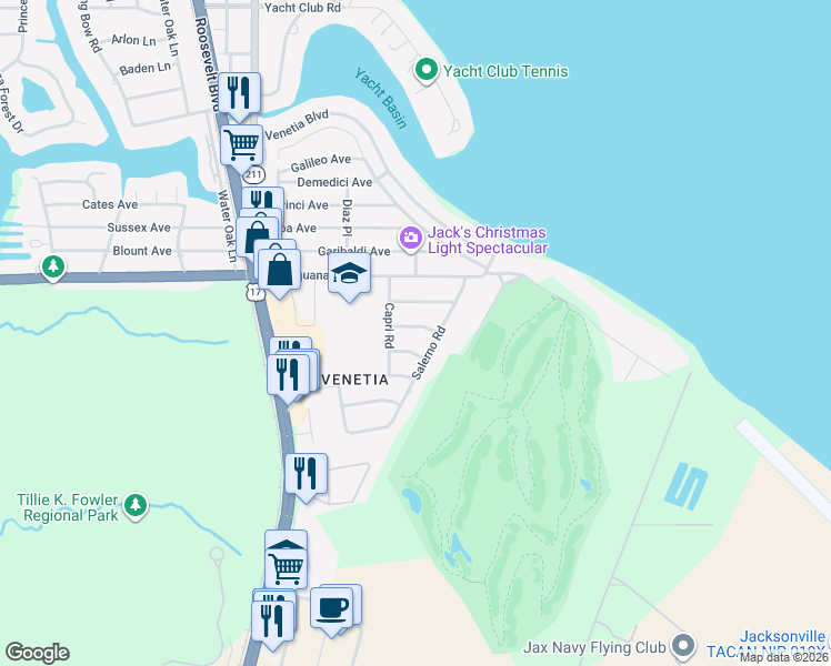map of restaurants, bars, coffee shops, grocery stores, and more near 4126 Torino Place in Jacksonville