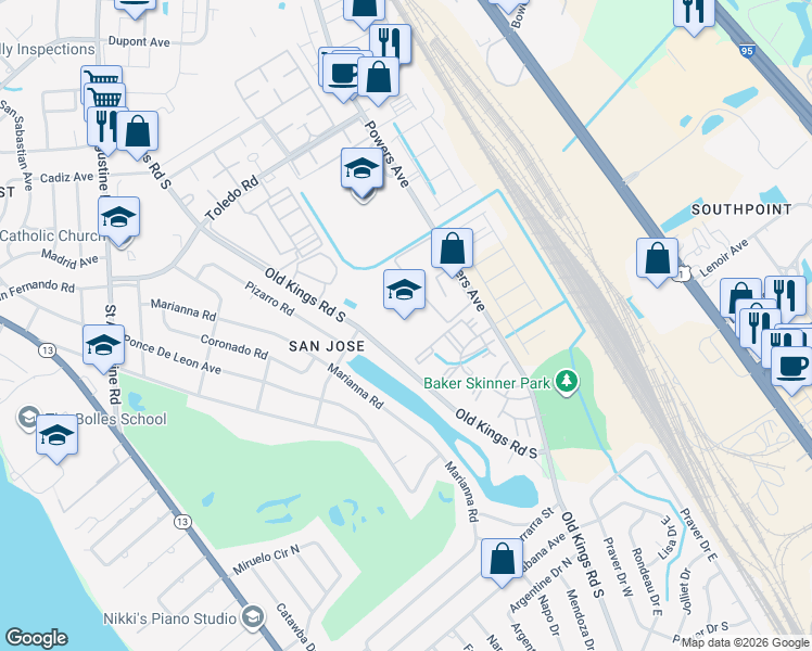 map of restaurants, bars, coffee shops, grocery stores, and more near 7401 Old Kings Road South in Jacksonville