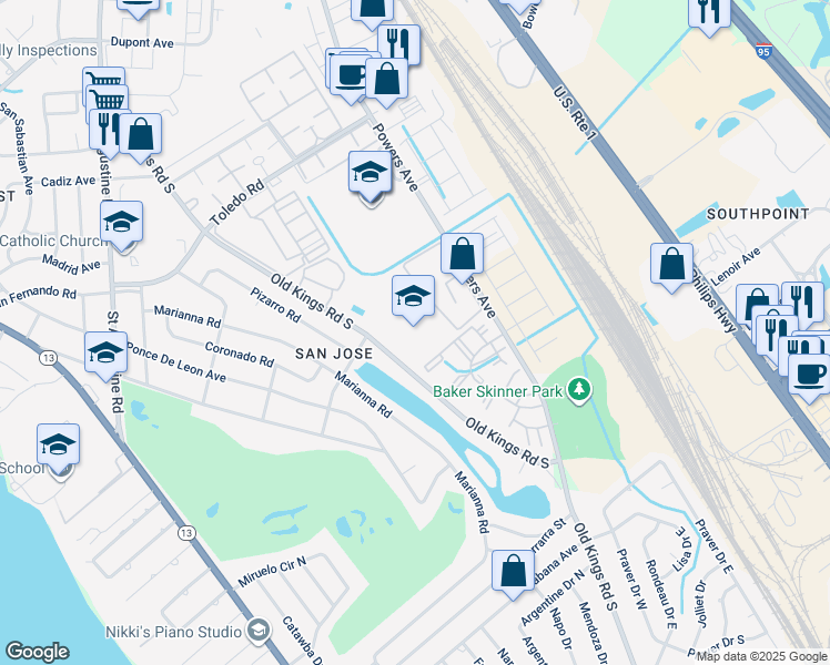 map of restaurants, bars, coffee shops, grocery stores, and more near 7401 Old Kings Road South in Jacksonville