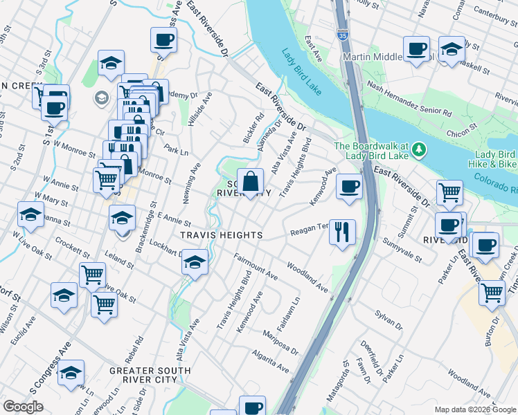 map of restaurants, bars, coffee shops, grocery stores, and more near 1503 Alta Vista Avenue in Austin