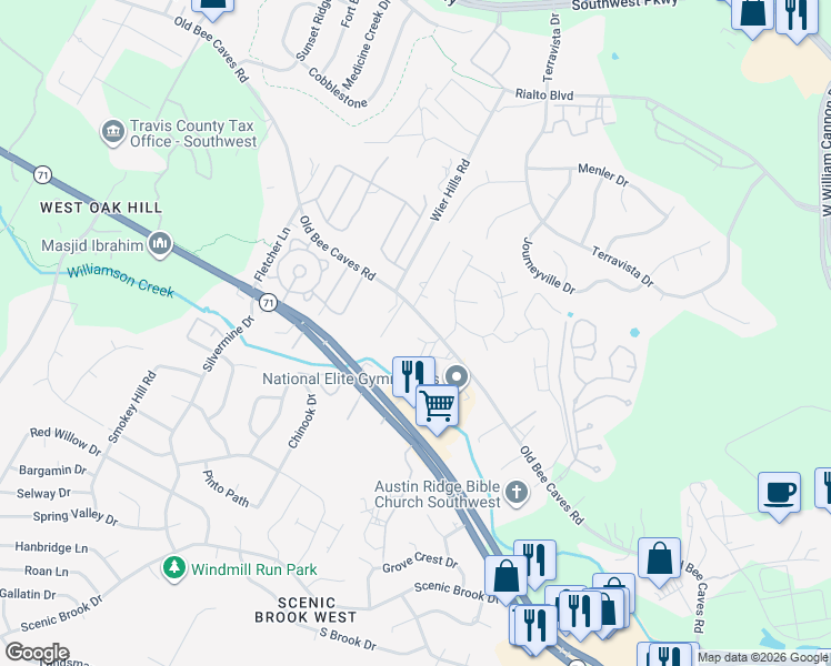 map of restaurants, bars, coffee shops, grocery stores, and more near 7809 Old Bee Caves Road in Austin