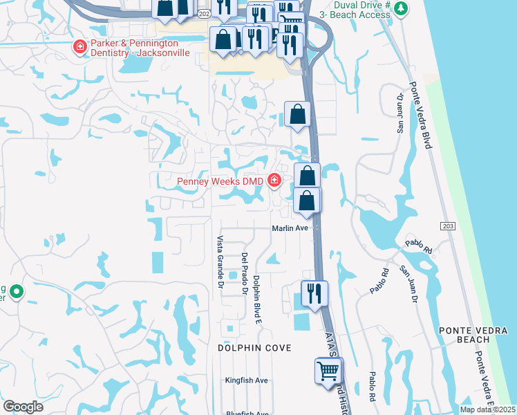 map of restaurants, bars, coffee shops, grocery stores, and more near 166 Cranes Lake Drive in Ponte Vedra Beach