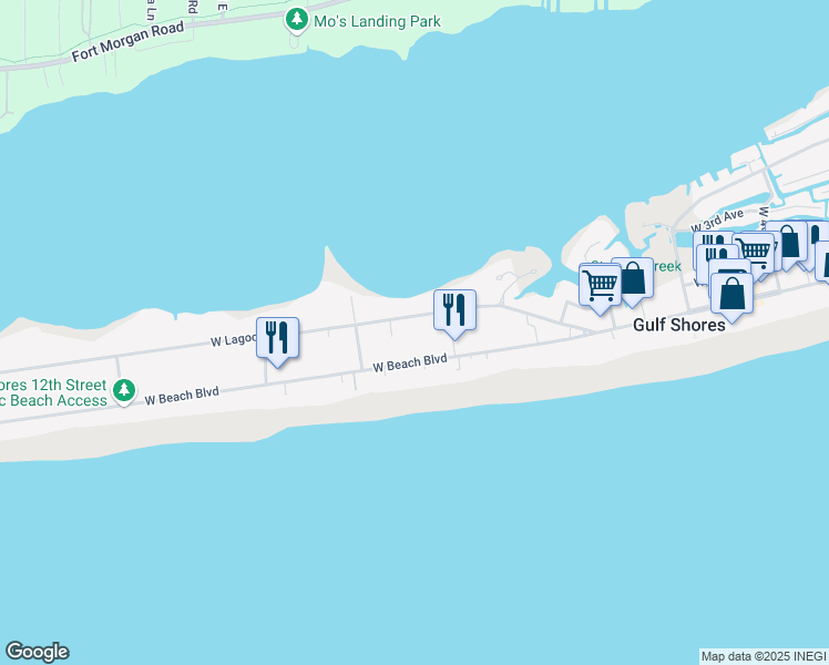 map of restaurants, bars, coffee shops, grocery stores, and more near 1025 West Lagoon Avenue in Gulf Shores