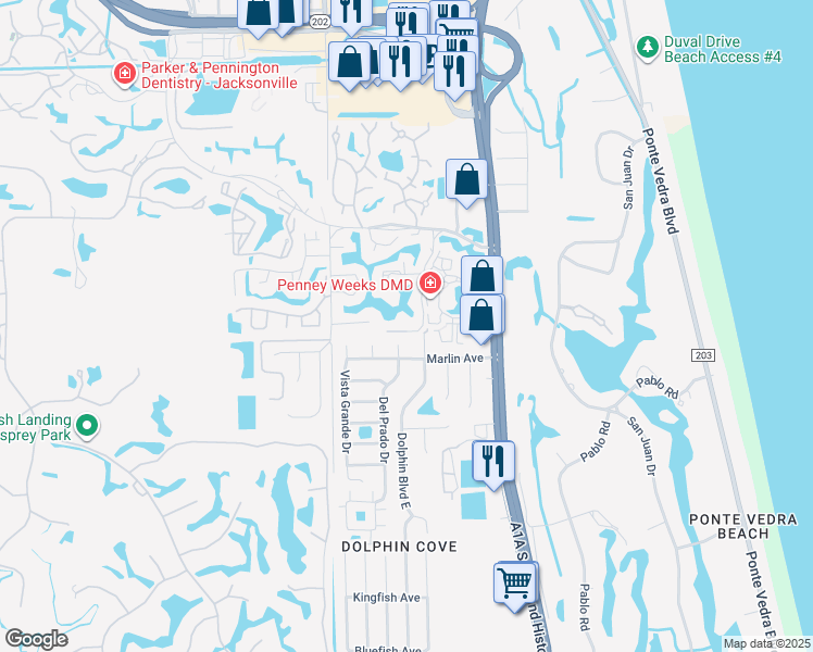 map of restaurants, bars, coffee shops, grocery stores, and more near 166 Cranes Lake Drive in Ponte Vedra Beach