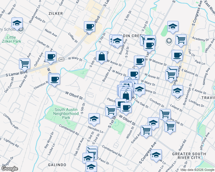 map of restaurants, bars, coffee shops, grocery stores, and more near 806 West Live Oak Street in Austin