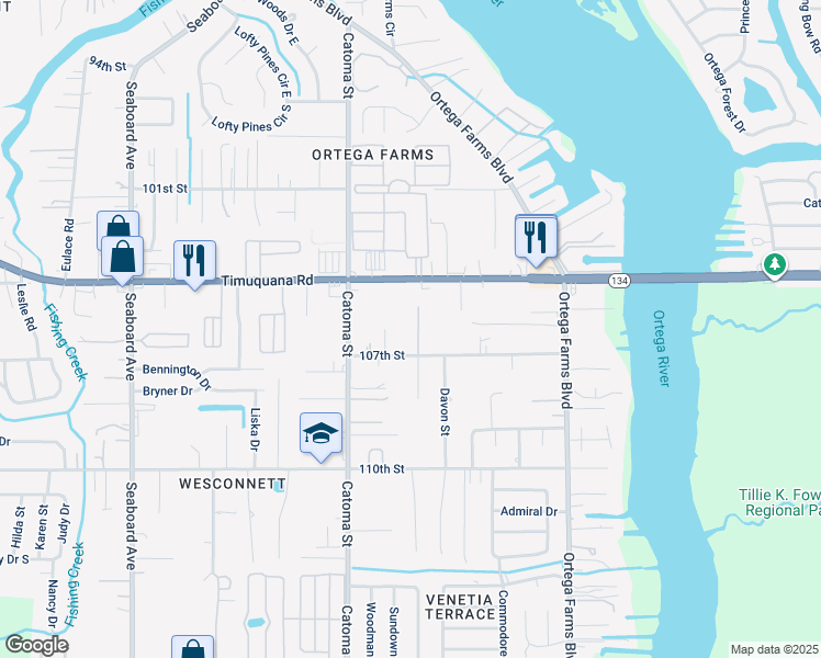 map of restaurants, bars, coffee shops, grocery stores, and more near 5616 Resa Terrace in Jacksonville