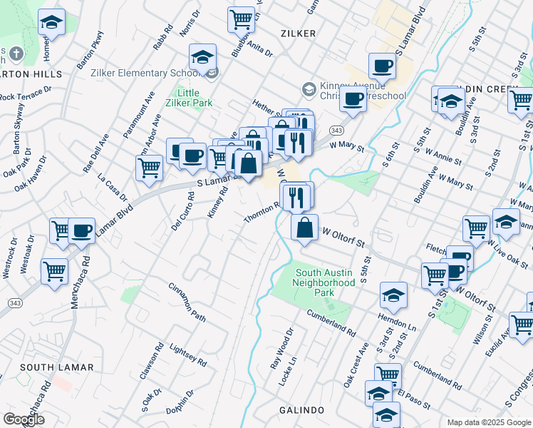 map of restaurants, bars, coffee shops, grocery stores, and more near 2201 Thornton Road in Austin