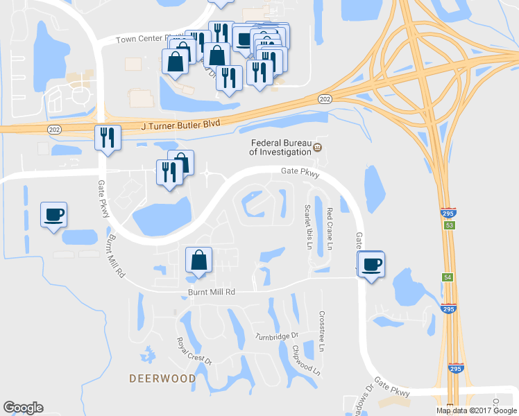 map of restaurants, bars, coffee shops, grocery stores, and more near 11118 Fallgate Point Court in Jacksonville
