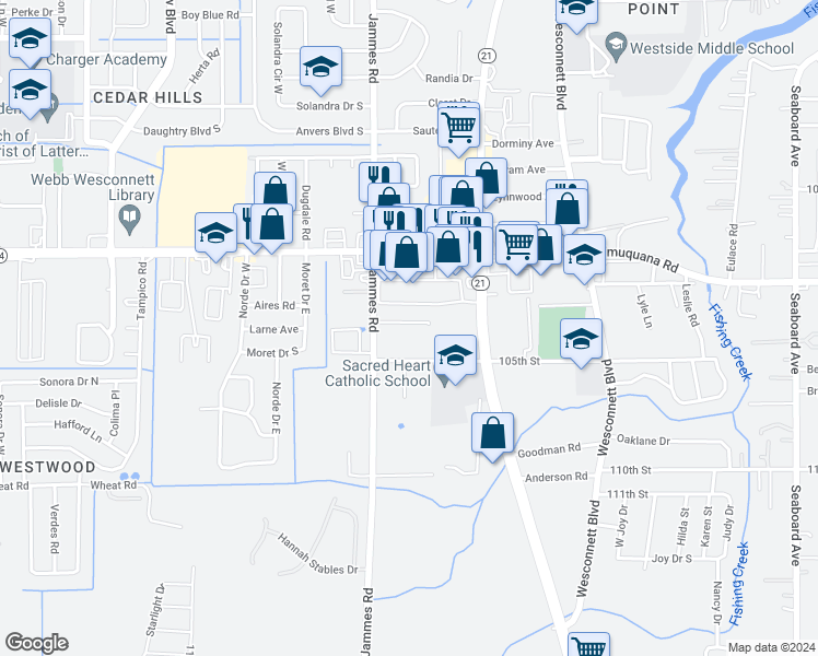 map of restaurants, bars, coffee shops, grocery stores, and more near 6328 Delacy Road in Jacksonville