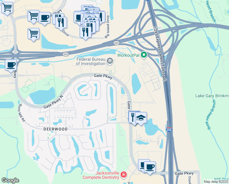 map of restaurants, bars, coffee shops, grocery stores, and more near 7482 Red Crane Lane in Jacksonville