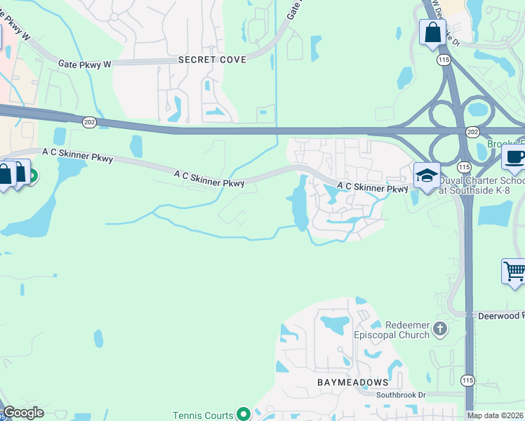 map of restaurants, bars, coffee shops, grocery stores, and more near A C Skinner Pkwy in Jacksonville