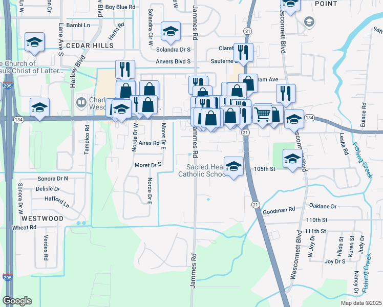 map of restaurants, bars, coffee shops, grocery stores, and more near 5573 Jammes Road in Jacksonville