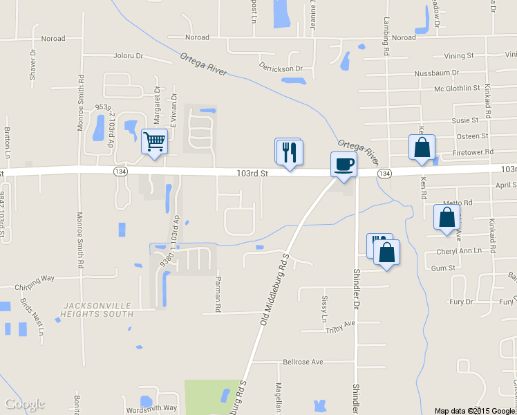 map of restaurants, bars, coffee shops, grocery stores, and more near 5483 Village Pond Court in Jacksonville