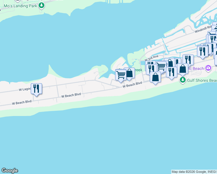 map of restaurants, bars, coffee shops, grocery stores, and more near 211 West Lagoon Avenue in Gulf Shores