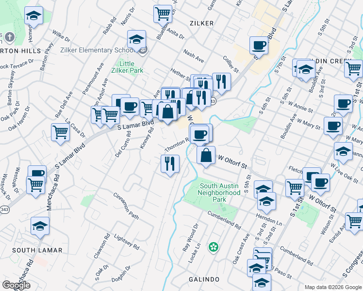 map of restaurants, bars, coffee shops, grocery stores, and more near 2107 Thornton Road in Austin