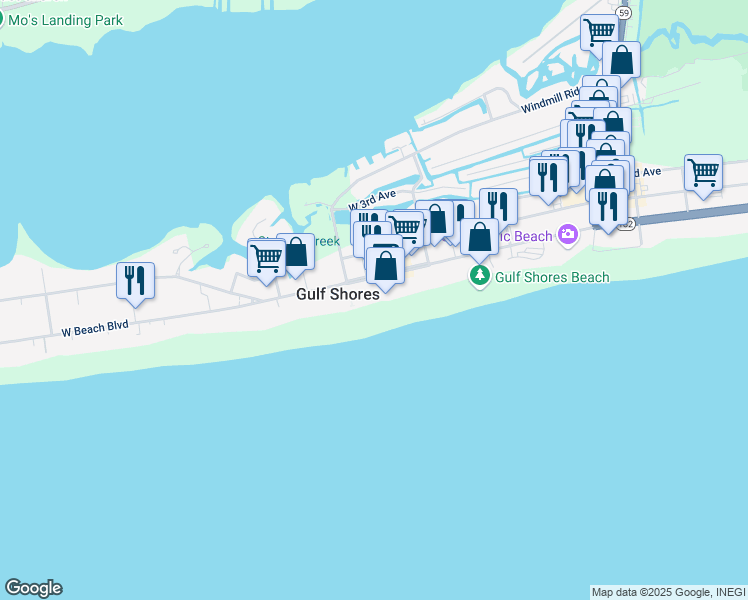 map of restaurants, bars, coffee shops, grocery stores, and more near 613 West Beach Boulevard in Gulf Shores