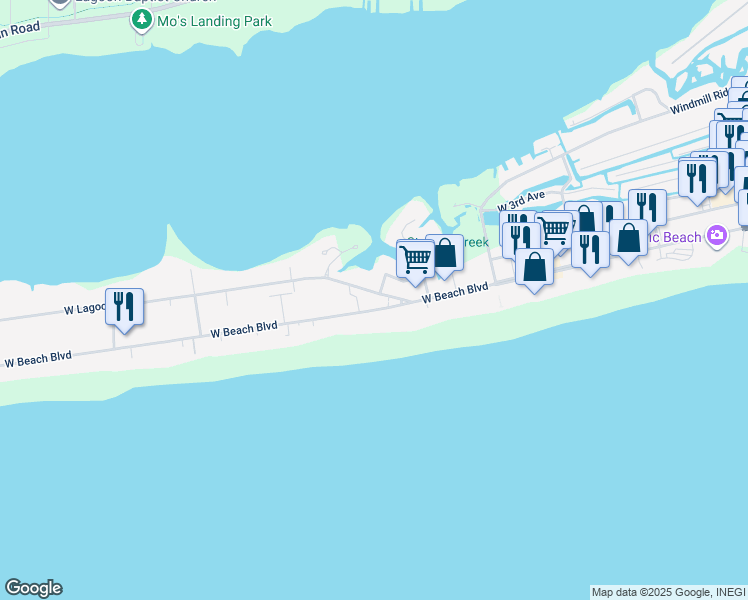 map of restaurants, bars, coffee shops, grocery stores, and more near 930 West Beach Boulevard in Gulf Shores