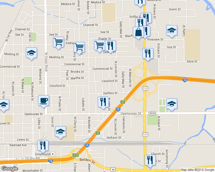 map of restaurants, bars, coffee shops, grocery stores, and more near 621 Jake St in Lake Charles