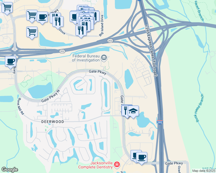 map of restaurants, bars, coffee shops, grocery stores, and more near 7482 Red Crane Lane in Jacksonville