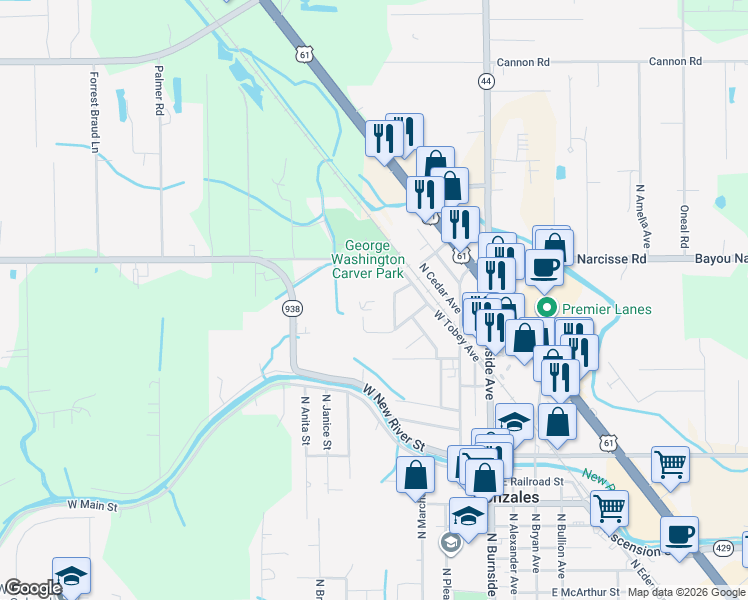 map of restaurants, bars, coffee shops, grocery stores, and more near 518 West Oak Street in Gonzales
