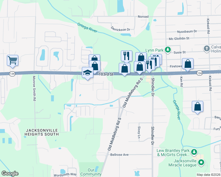 map of restaurants, bars, coffee shops, grocery stores, and more near 5483 Village Pond Court in Jacksonville